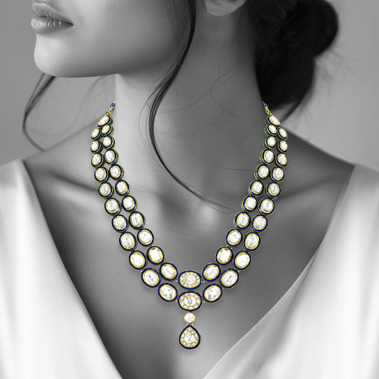 Twin-Line Polki Necklace with Blue Enamel and Pear Pendant